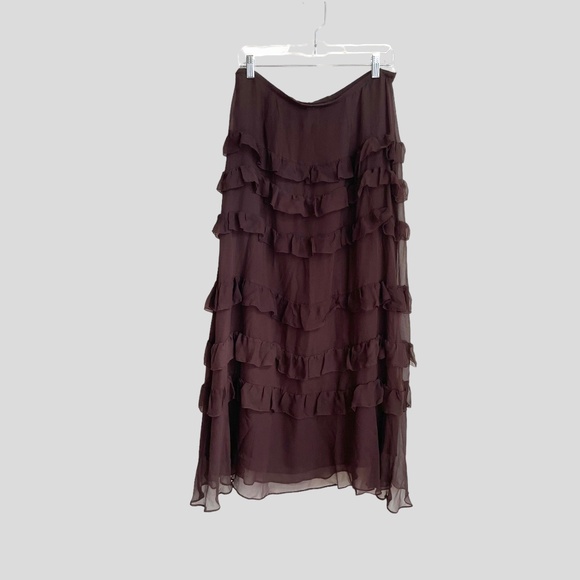 d.b.y. Designs Chocolate Brown Pure Silk Ruffled Lined Maxi Skirt Size 10 - Picture 1 of 7